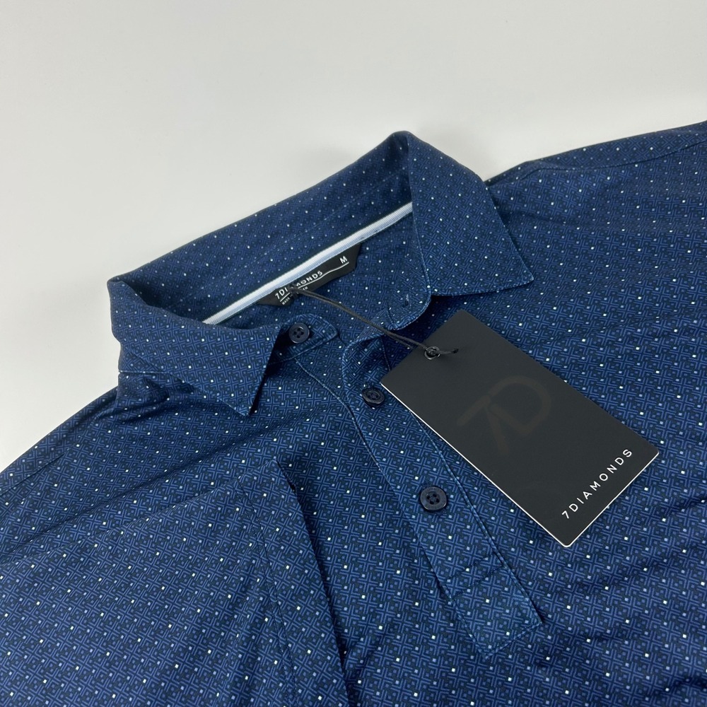 7 Diamonds Men's M Endeavor Polo Shirt Navy Blue Geometric Print Golf NWT Preppy